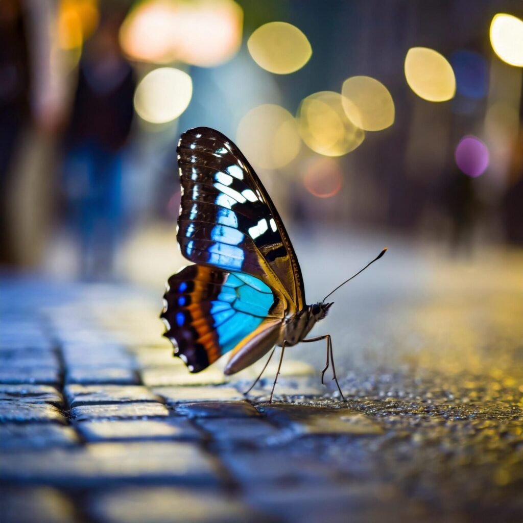 Firefly-kleurrijke-vlinder-op-de-zijwandeling-van-een-drukke-straat-veel-benen-die-voorbij-lopen-n-1536×1536